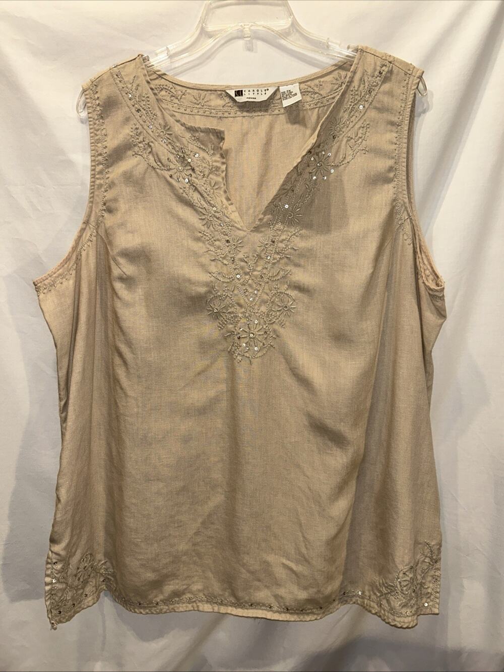 Carole Little Woman 2x Sleeveless Top Sequined & Embroidered Tan Linen READ